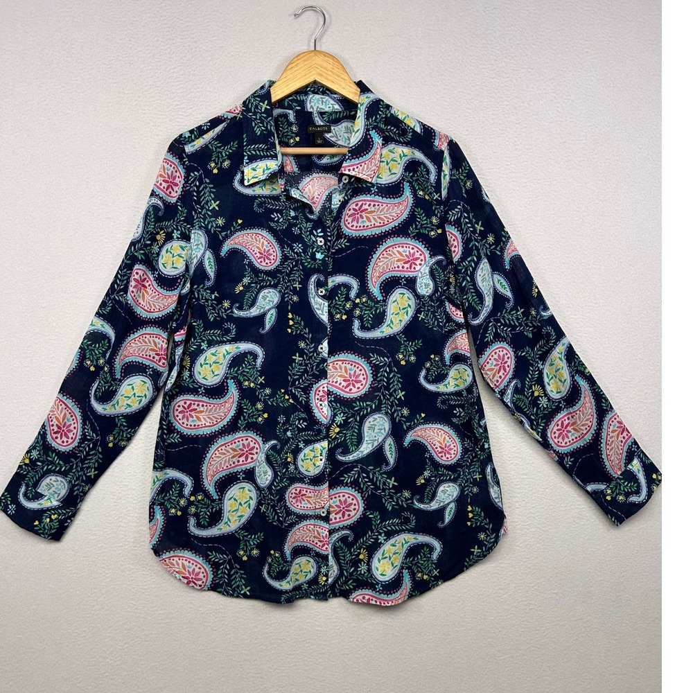 Boho Preppy Talbots Womens Large Navy Paisley Cotton Long Sleeve Button Up Shirt